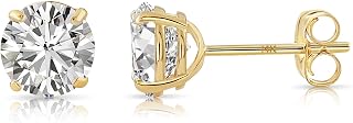 14k Yellow Gold Solitaire Round Cubic Zirconia CZ Stud Earrings with Gold butterfly Pushbacks