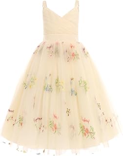 OBEEII Flower Girl Dress for Wedding Pleated V Neck Tulle Satin Princess Dress for Bridesmaids Pageant Formal Prom Dress