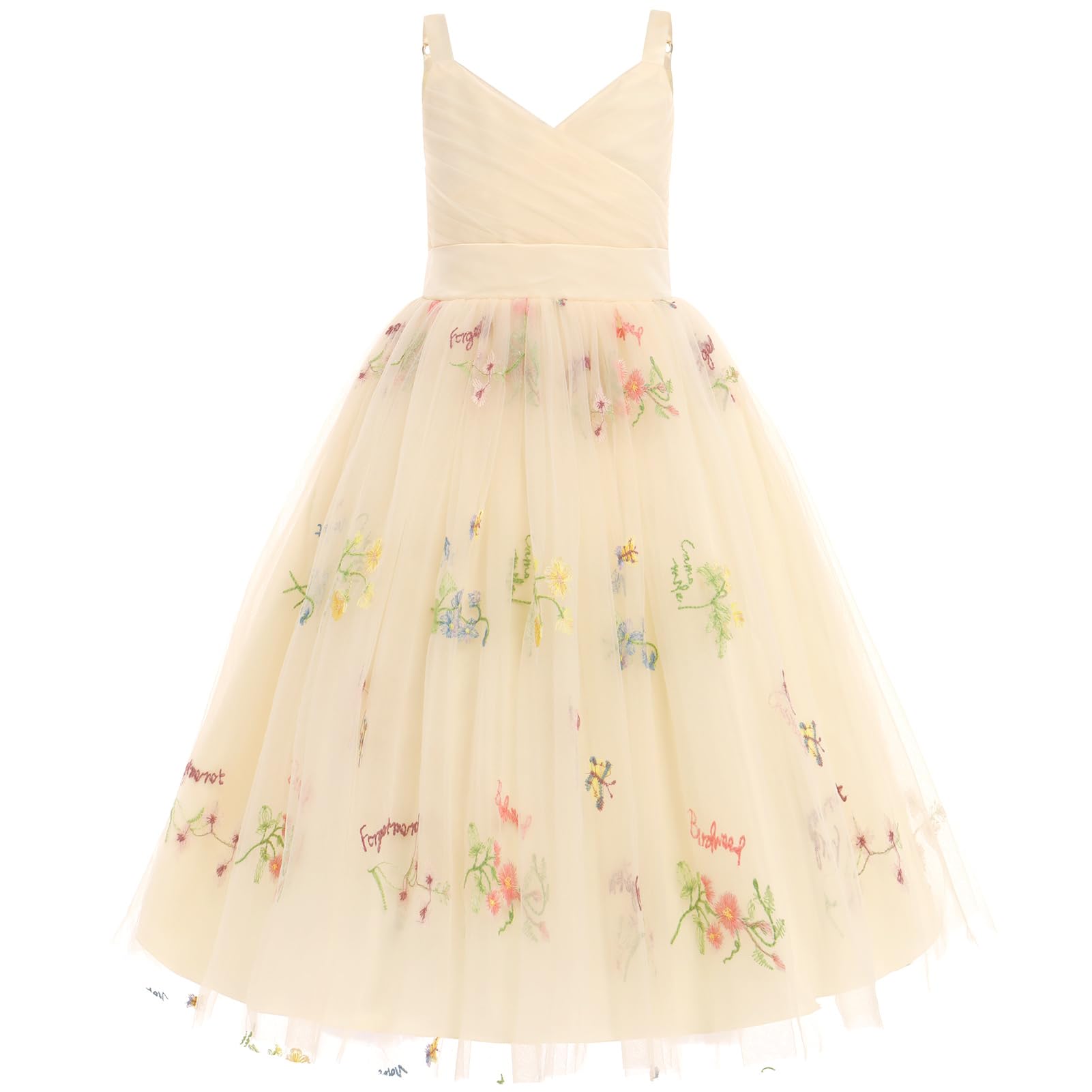 OBEEII Flower Girl Dress for Wedding Pleated V Neck Tulle Satin Princess Dress f