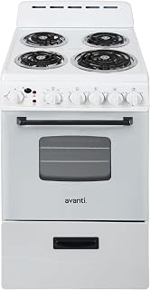 Avanti Electric Range Oven Compact Design, 2.1-Cu.Ft. Capacity with 4 Coil Burners, Framed Glass Oven Door, Storage Drawer and Broiler with Pan, 20-Inch, White