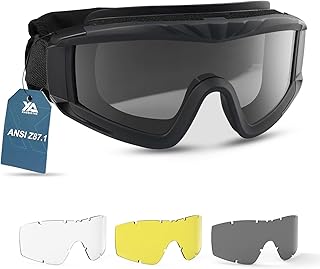 xaegistac Airsoft Goggles-Tactical Goggles Anti Fog ANSI Z87.1 | Military Eyewear with 3 Interchangable Lens for Paintball Riding Shooting Hunting Cycling