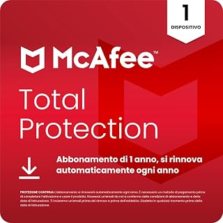 McAfee Total Protection - 1 Dispositivo 2026 | Antivirus, VPN gestore delle password, software di sicurezza, monitoraggio dell'identità | Abbonamento di 1 anno con rinnovo automatico, Scarica