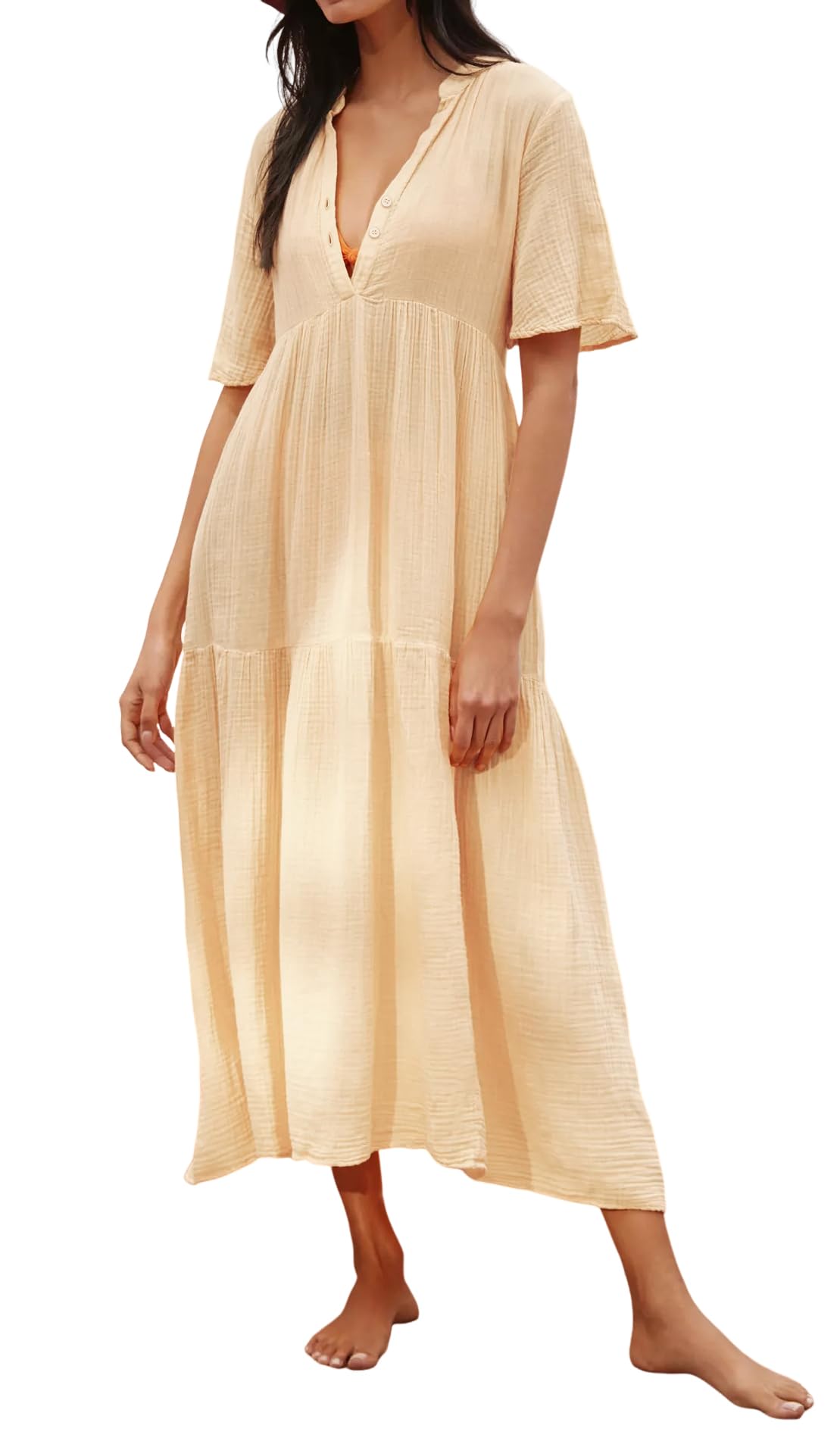 R.Vivimos Womens Summer Cotton Flowy Maxi Dress Short Sleeve V Neck Empire Waist