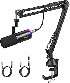 TONOR PC Micrófono Gaming USB/XLR con Soporte de Brazo, Microfono Cardioide Dinámico RGB, Mic Metálico para Juegos, Streaming, Podcasting y Grabación de Voz,200cm, TD520S+