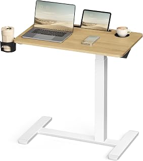 VASAGLE Overbed Table with Wheels, Adjustable Height, 70 x 40 cm Tabletop | Small Standing Desk, 2 Cup Holders, Phone and Tablet Slot, Golden Oak and Matte White, BALOK Collection LSD600YA01
