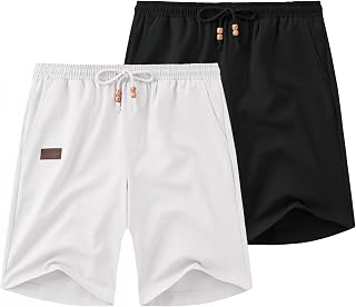 Coofandy Pantalones Cortos Casuales de Lino para Hombre, Cintura elástica, cordón, Ajuste Holgado, Verano, Playa, Vacaciones, Pantalones Cortos con Bolsillos