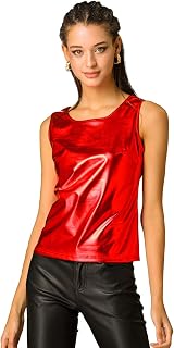 Allegra K Women's U Neck Stretch Slim Fit Shiny Metallic Tank Top US Size Medium (10) Color Red