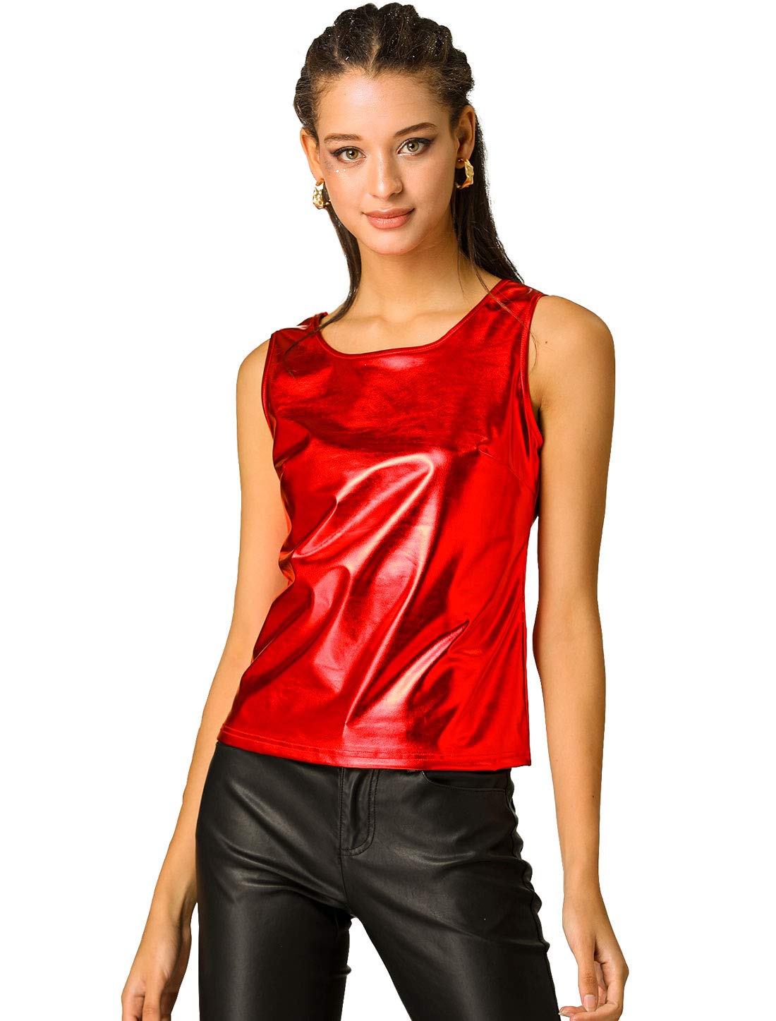 Allegra K Women's U Neck Stretch Slim Fit Shiny Metallic Tank Top US Size Medium