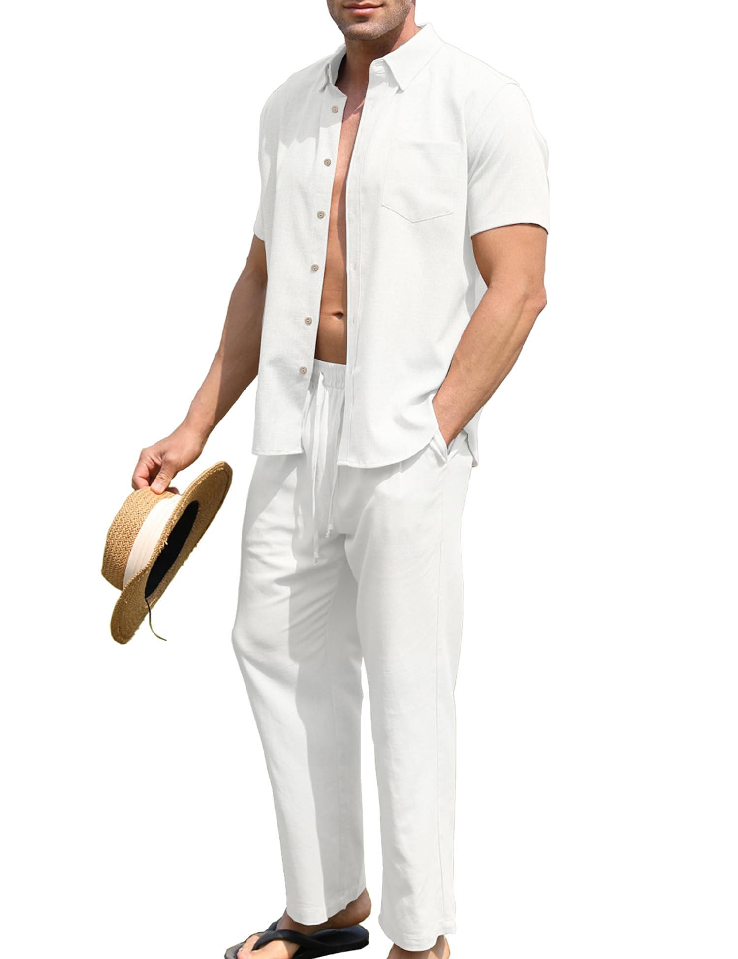 URRU Men’s 2 Piece Linen Outfit Summer Beach Short Sleeve Button Down Shirt and 