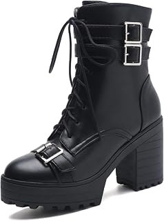 FOREADA - Womens Chunky Heel Gothic Boots Black Platform Combat Booties Punk Rivets Gothic Zipper