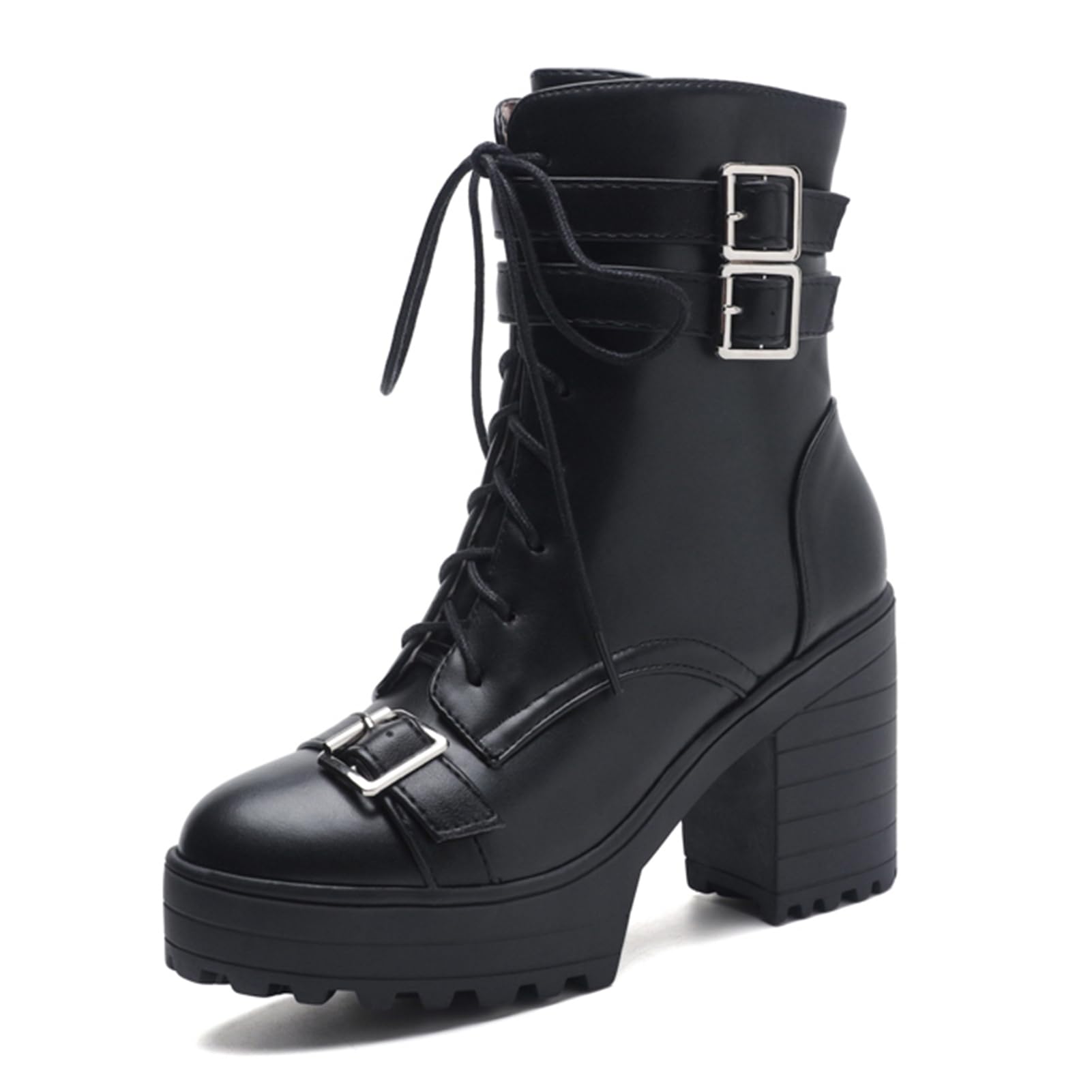 FOREADA - Womens Chunky Heel Gothic Boots Black Platform Combat Booties Punk Riv