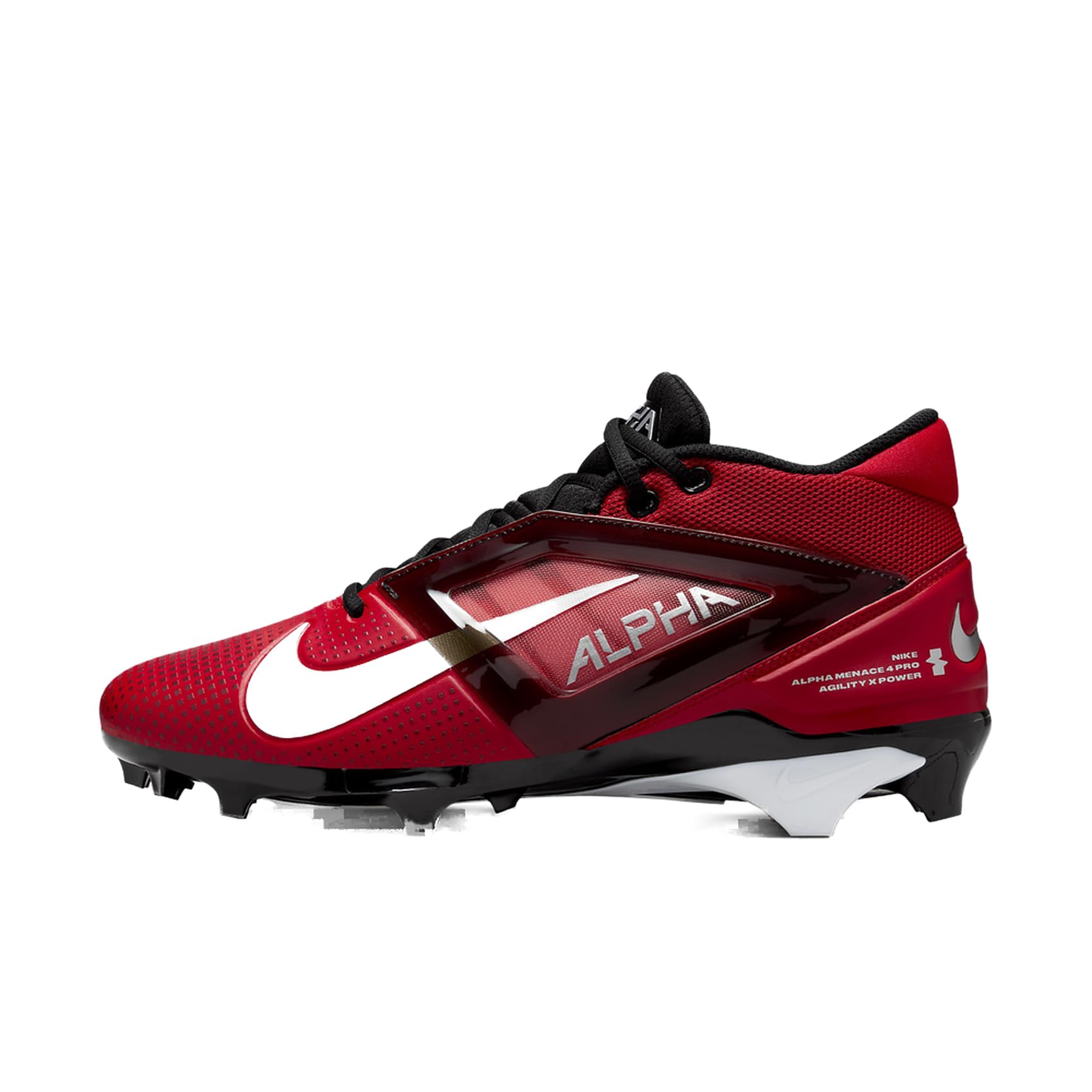 Nike Alpha Menace 4 Pro Football Cleats (FD7037-600, University Red/Metallic Sil