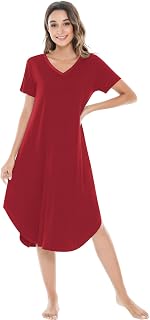 NACHILA Womens Bamboo Nightgown V Neck Short Sleeve Sleepwear Soft Sleepwear S-XX Large Wine Red XL, wine red, XL