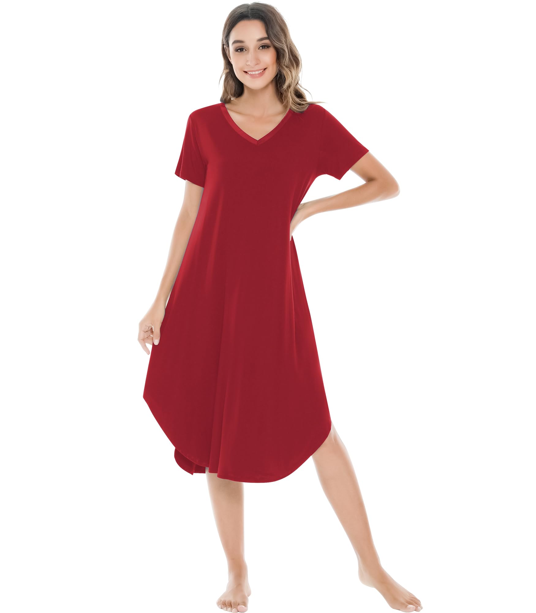NACHILA Womens Bamboo Nightgown V Neck Short Sleeve Sleepwear Soft Sleepwear S-X