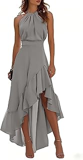 Women Chiffon Maxi Dress High Waist Ruched Hem Asymmetric Side Slit Halter Neck A-Line Cocktail Dress