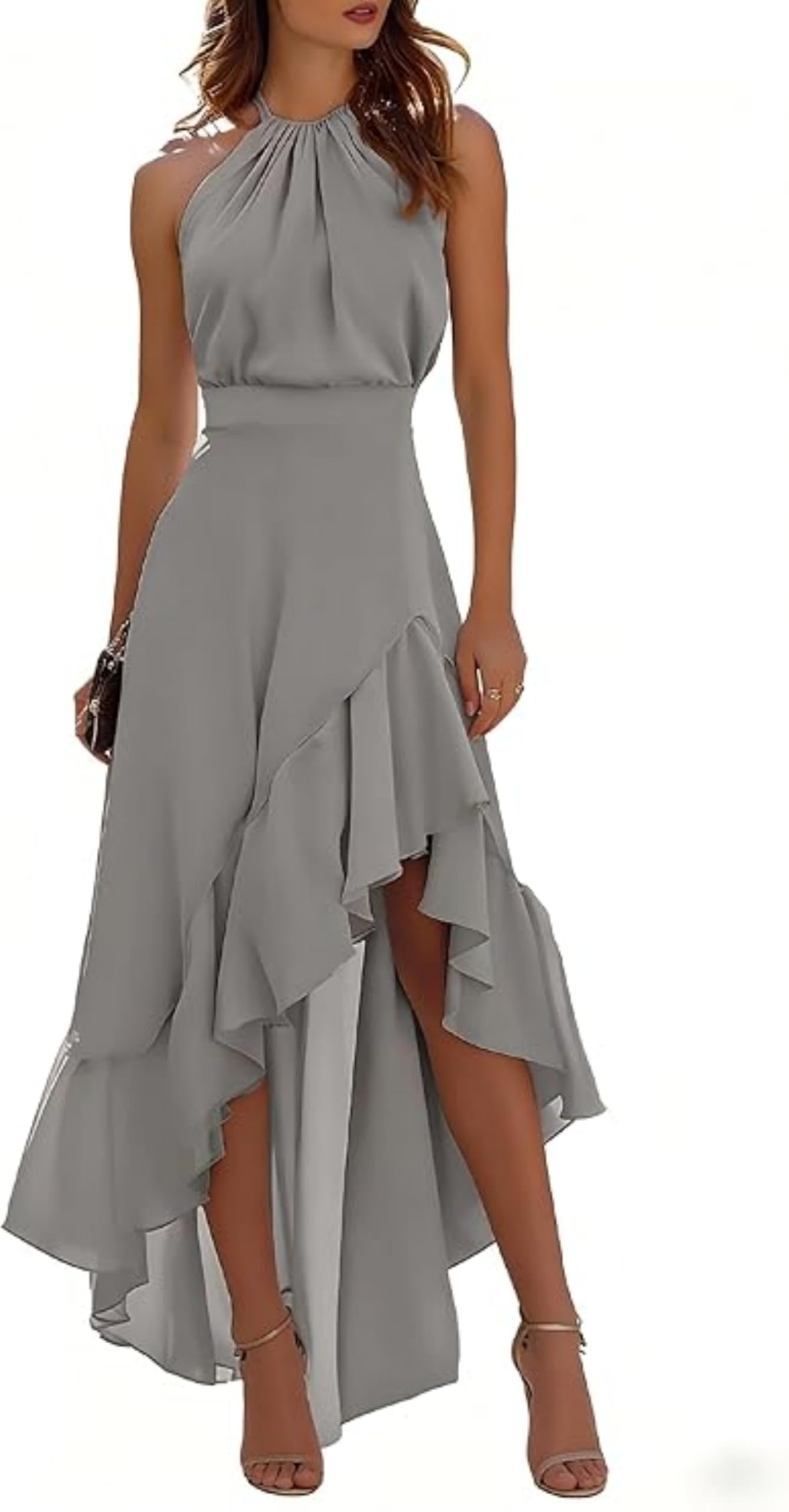 Women Chiffon Maxi Dress High Waist Ruched Hem Asymmetric Side Slit Halter Neck 