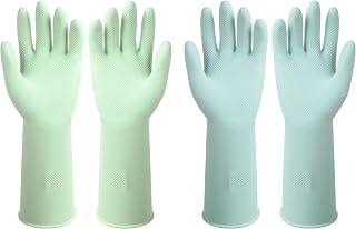 Rubber Dishwashing Gloves, Reusable Kitchen Gloves, 2 Pairs, Cleaning Gloves for Washing Dishes, Durable and Non-Slip (Light Blue & Light Green Medium