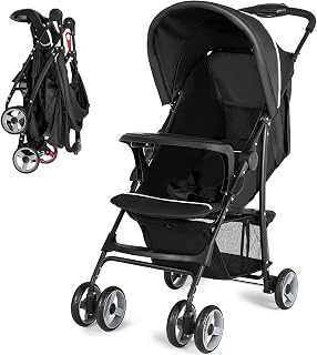Baby Joy Lightweight Stroller, Compact Toddler Travel Stroller for Airplane, Infant Stroller w/Adjustable Backrest/Footrest/Canopy, 5-Point Harness, Storage Basket, Easy One-Hand Fold, Black