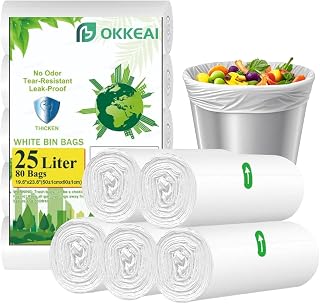 OKKEAI 25L Bin Bags, White Bin Liners for Kitchen Bins, 80 Count