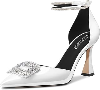 Castamere Women's High Block Chunky Heel Strappy Ankle Strap Diamond Crystal Pointed Toe Pumps 8.5CM Heels