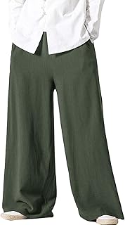 Flygo Mens Linen Casual Wide Leg Baggy Pants Summer Cotton Elastic Waist Yoga Beach Palazzo Pants