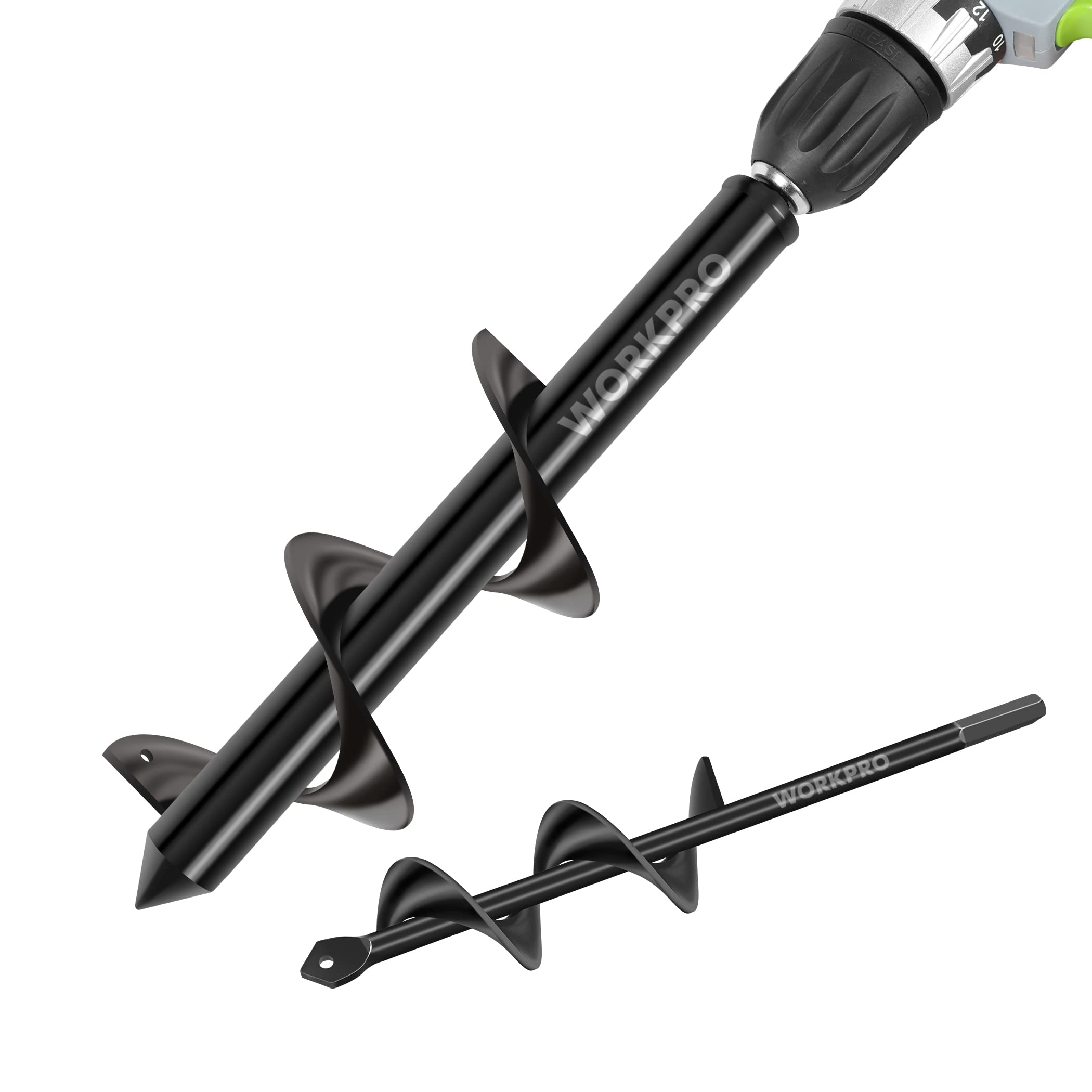 WORKPRO 2-Piece Auger Drill Bit, 1.6"x 9" and 3"x12" Garden Auger Spiral Drill B