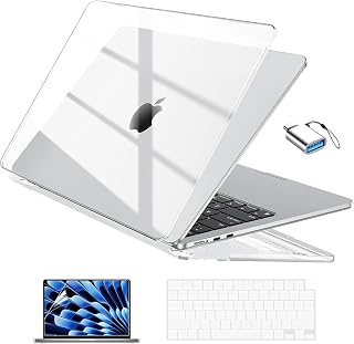 EooCoo Case for MacBook Air 13 inch M5 M4 M3 M2 2026-2022 4 in 1 Kit | 13.6" Hard Case Cover & Keyboard Skin & Screen Protector & Type C for Laptop Air 13.6 inch, Crystal Clear