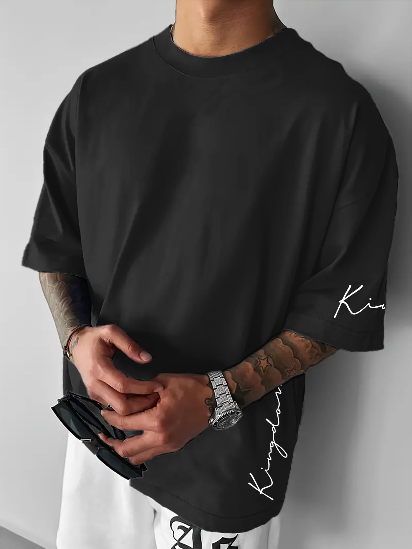 Men's Oversized Crew Neck Short Sleeves T-Shirt with Letter Prints, Streetwear L