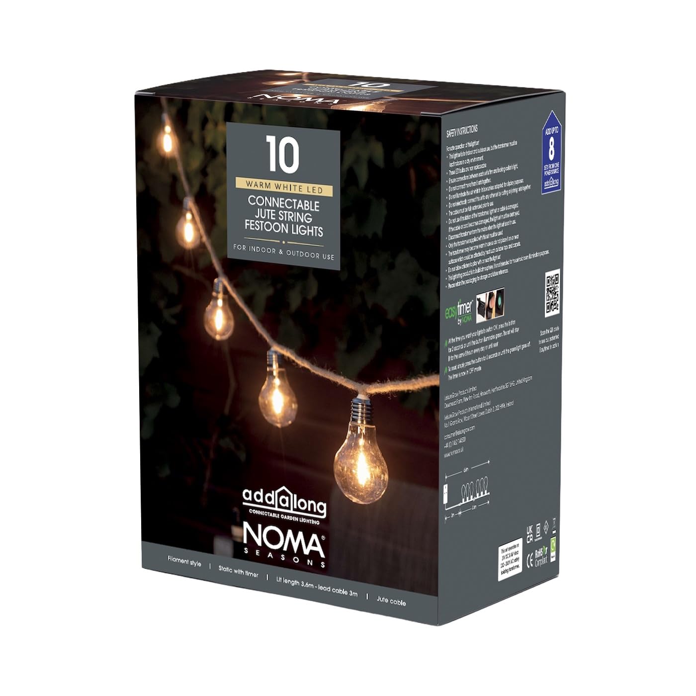 NOMA Connectable Jute Rope Festoon Garden Lights, 6.8 m (Pack of 1) | 10 Warm Wh