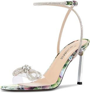 Castamere Women Needle High Heel Open Toe Strappy Ankle Diamond Crystal Bow Tie Sandals Dance Summer 10CM Heels