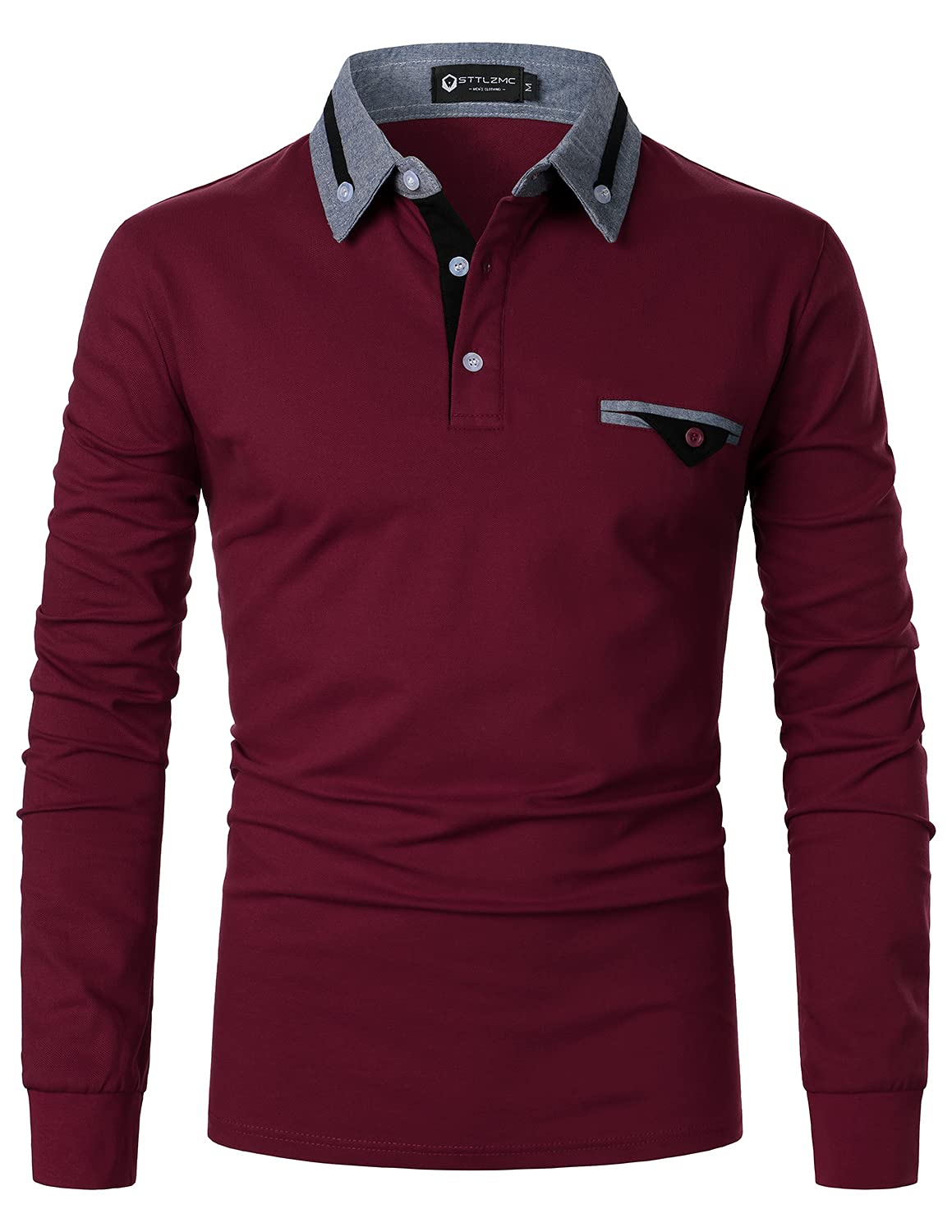 STTLZMC Men's Long Sleeve Polo Shirts Casual Fit Plaid Collar Cotton Golf T-Shir