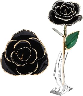 24k Gold Rose Real Rose 11 to 12 Inches Long with Clear Stand | A handcrafted black rose dipped in 24k gold in a gift box represents forever love and comes with a certificate