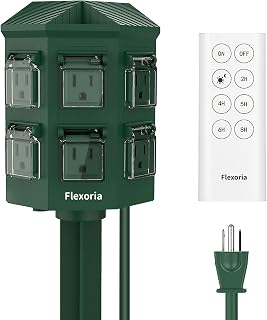 Flexoria Outdoor Power Stake Timer, Remote Control Dusk to Dawn Light Timer, 6FT Extension Cord Waterproof, 6 Grounded Outlets for Graden and Yard Decorations, ETL Listed (6 FT)