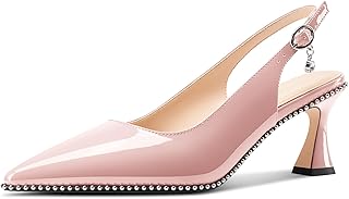 TNYNFBEB レディース キトンヒール ポインテッドトゥ パンプス ビーズ スリングバック スリッポン バックル プロム パーティードレス ベーシック クラシック パテントレザー 2.6インチ ヒール, ピンク, 23.0 cm