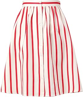 Allegra K Women Striped Button Front Elastic Back Waist A-Line Midi Skirt