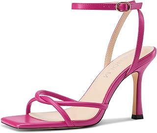 HDEUOLM Women's Stiletto High Heel Square Toe Cap Sandals Ankle Strap Prom Party Dress 10cm Heels