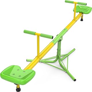 Amictoy Teeter Totter for Kids, 360° Spinning Seesaw, 100 lb Seat | Triangular chassis, foam handles, 75" x 30" footprint, weather-resistant finish, and 320 lb total capacity for active kids.
