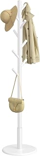 VASAGLE Coat Rack Wooden Floor Coat Rack 8 Hooks for Coats Hats Bags Entrance Rubber Wood Hooks and Pole White Cloud RCR009WH01
