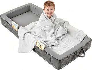 Beantown Toddler Portable Travel Bed - Foldable & Washable Floor Bed, Grey | No Assembly, Comfortable Mattress Used for for Camping, Hotels & Overnight Stays, SD01