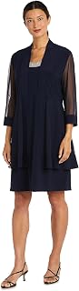 R&M Richards Womens 2 Piece Mesh Panel Beaded Neck Jacket Dress