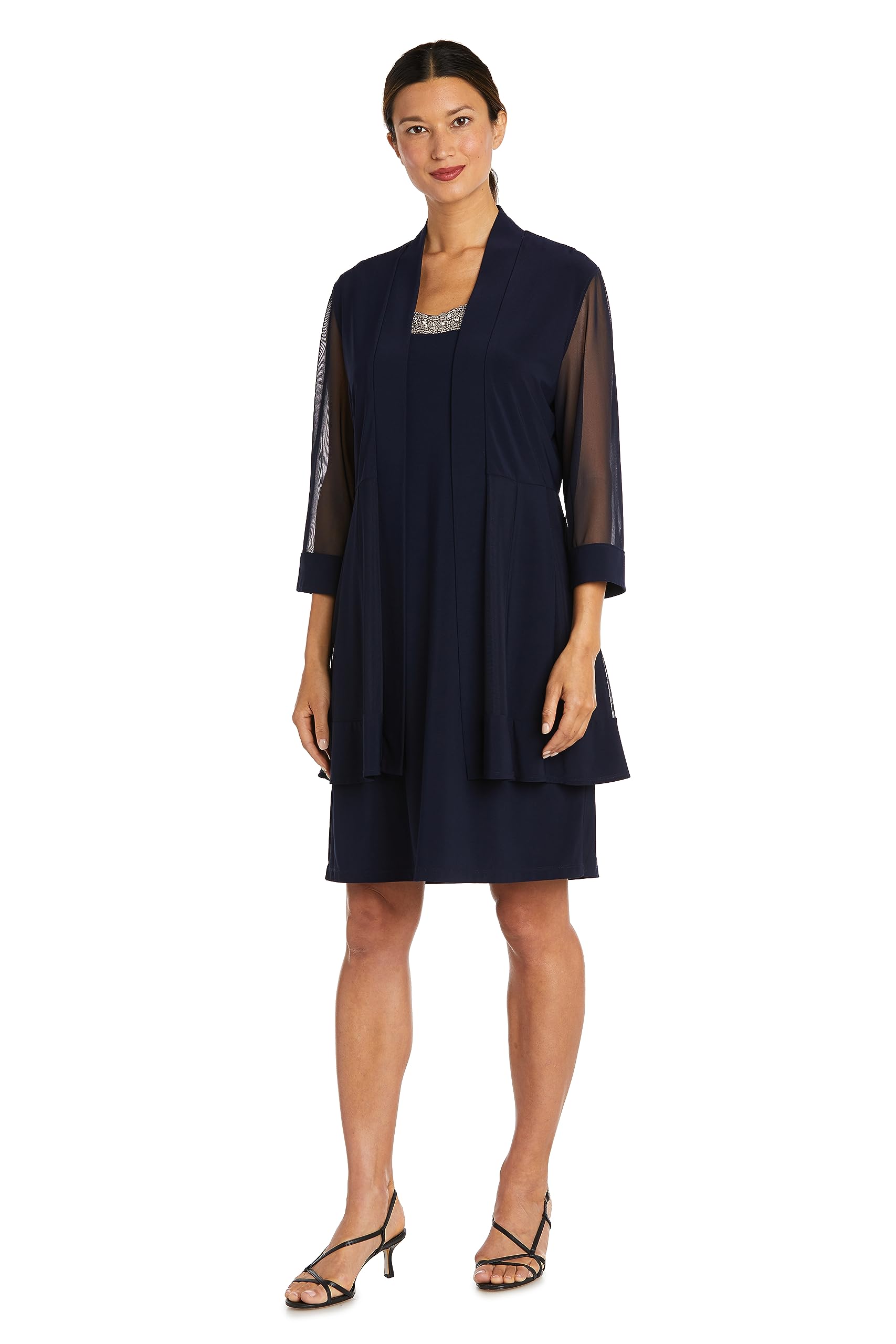 R&M Richards Womens 2 Piece Mesh Panel Beaded Neck Jacket Dress