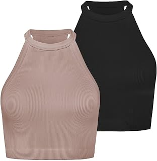 Sunzel Women's Ribbed Halterneck High Neck Seamless Camisole Sleeveless Crop Tank Tops