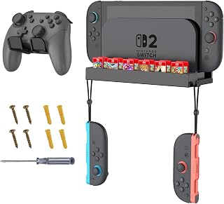Fintie Metal Wall Mount for Nintendo Switch 2 | 1 Controller Holder, 12 Game Card Holders, 2 Joy-Con Hooks, Space-Saving Console Organizer Behind TV, Black