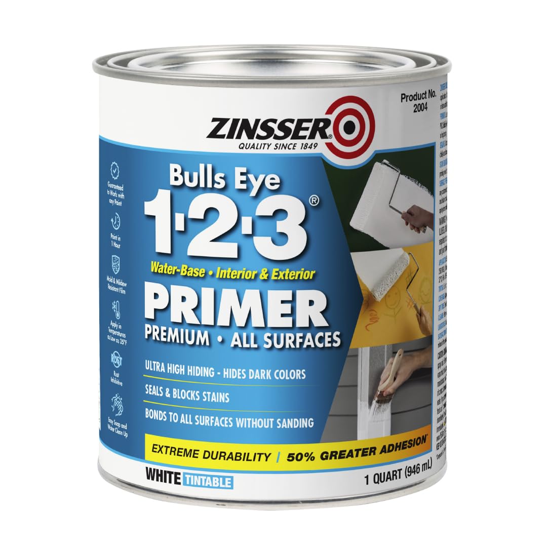 Zinsser Bulls Eye 1-2-3 Water-Base Primer & Sealer, White, Quart | Bulls Eye 1-2