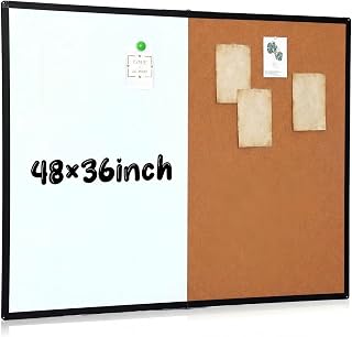 Maitys 48x36 Inch Magnetic Whiteboard and Cork Bulletin Board Combo, Foldable Wall Mounted Half Dry Erase and Cork Combination Board with Black Frame for Office, Classroom, Conference Room