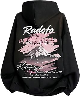 Hoodie, Men's, Women's, Cherry Blossoms, Mt. Fuji Logo, Print, Retro, Oversized Size, Big Silhouette, Drop Shoulder, Pullover, Hooded, Long Sleeve, Sweatshirt, Trainer, American Casual, Street