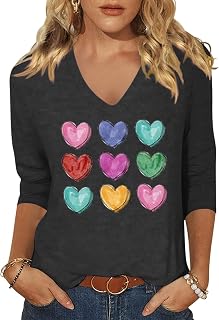 Vircreate Womens 3/4 Sleeve V Neck T-Shirts Valentina's Day Spring Shirts Love Heart Graphic Tee Tops