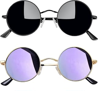Joopin Vintage Round Sunglasses Men's Polarised Sunglasses Retro Hippie Steampunk for Women with Metal Frame 2 Pairs