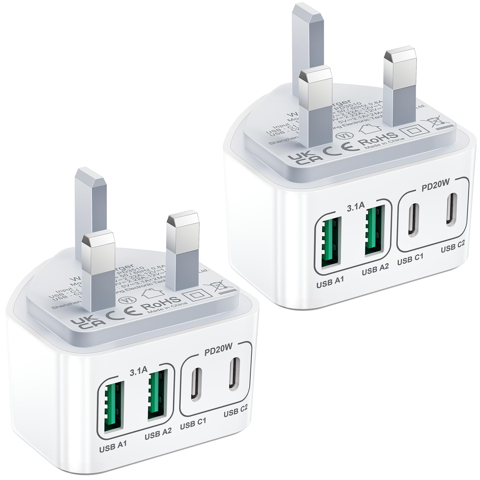 2-Pack USB C Plug Fast Charge, 40W 4-Port USBC Plug UK Multi Wall Charger Head D