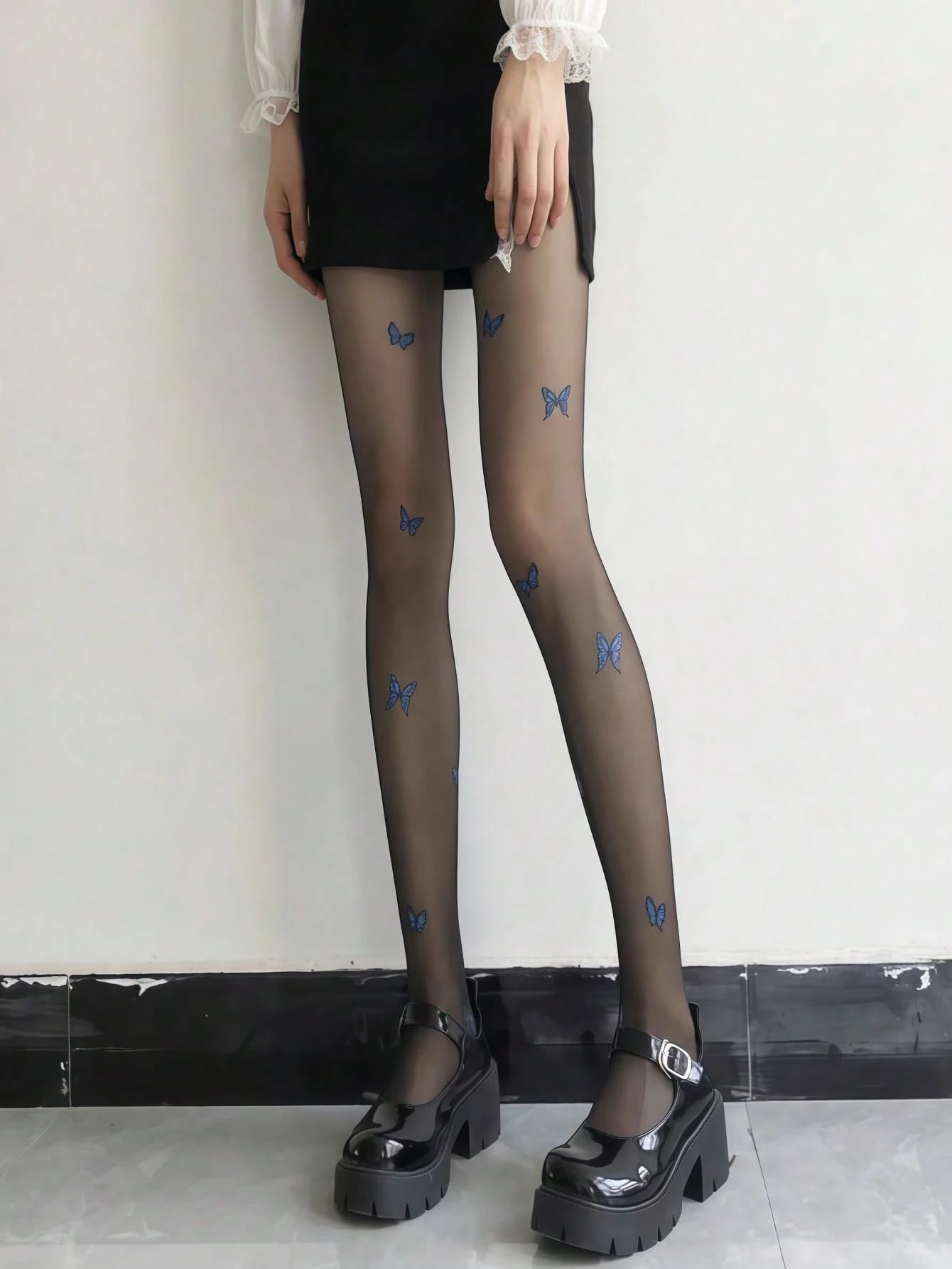 1 Pair Women Fashion Blue Butterfly Pattern Tights Comfortable Tights for Office